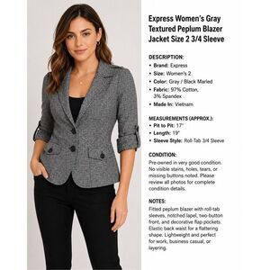 Express Women’s Gray Textured Peplum Blazer Jacket Size 2 3/4 Sleeve
